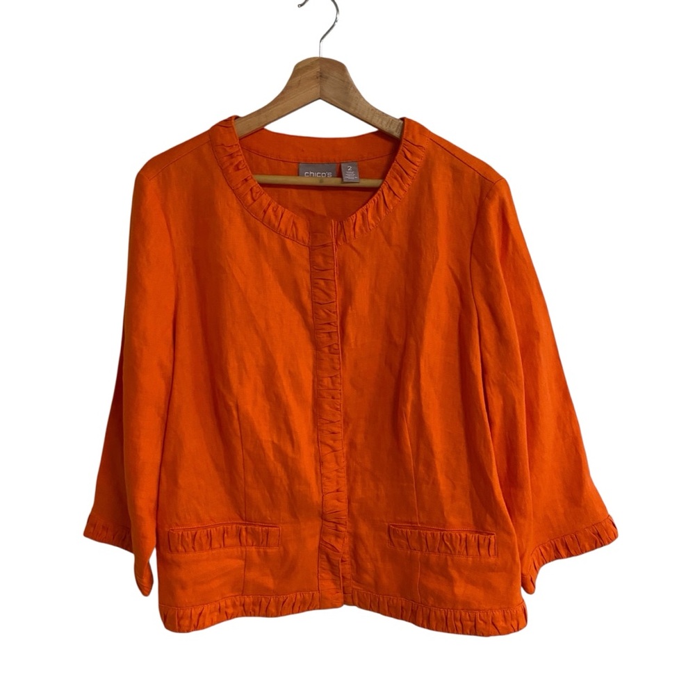 Chico’s bright orange summer snap button closure linen 3/4 sleeve jacket Large